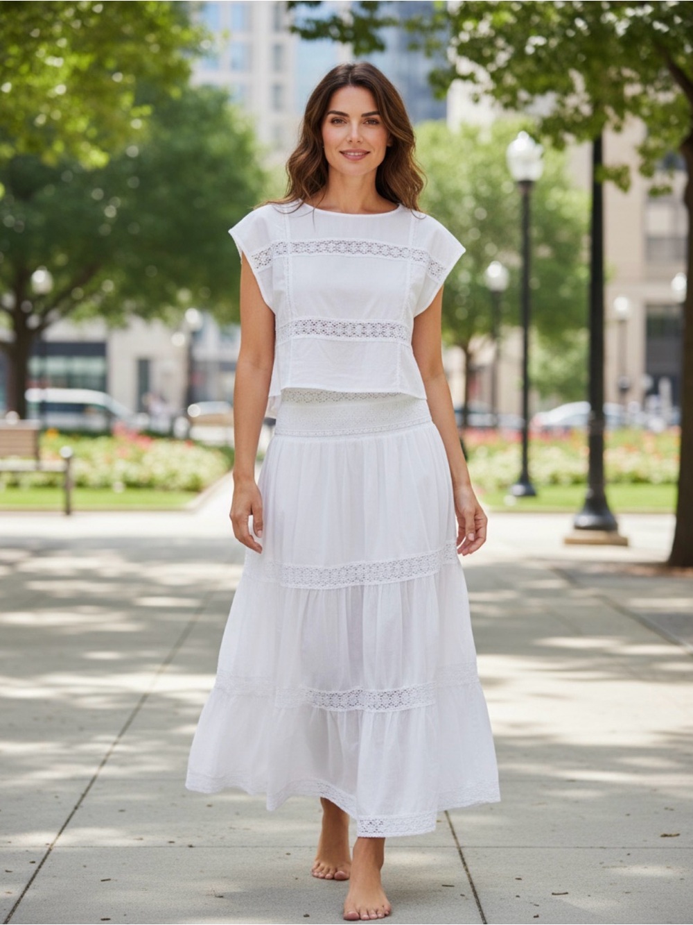 Boho Studio West White Crochet Trim Maxi Skirt, Elastic Waist, 3 Tier Lined